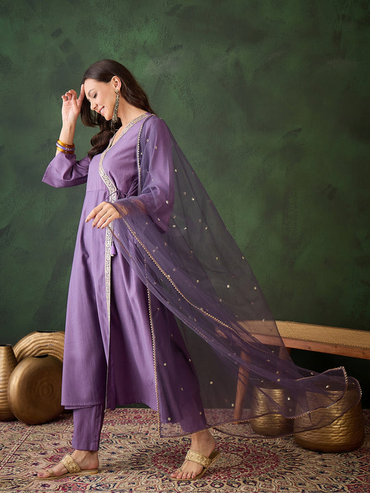 Womens Purple Designer Solid Stylish Kurti Set