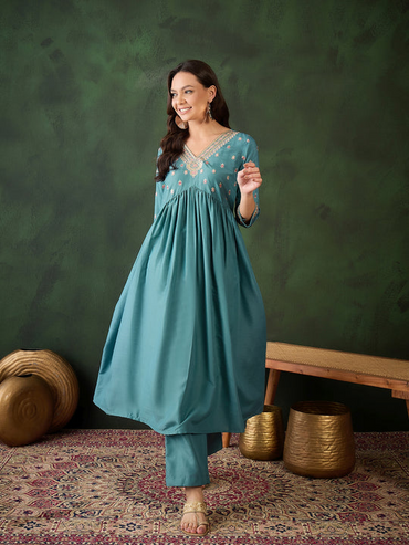 Womens Teal Designer Solid Stylish Kurti Set