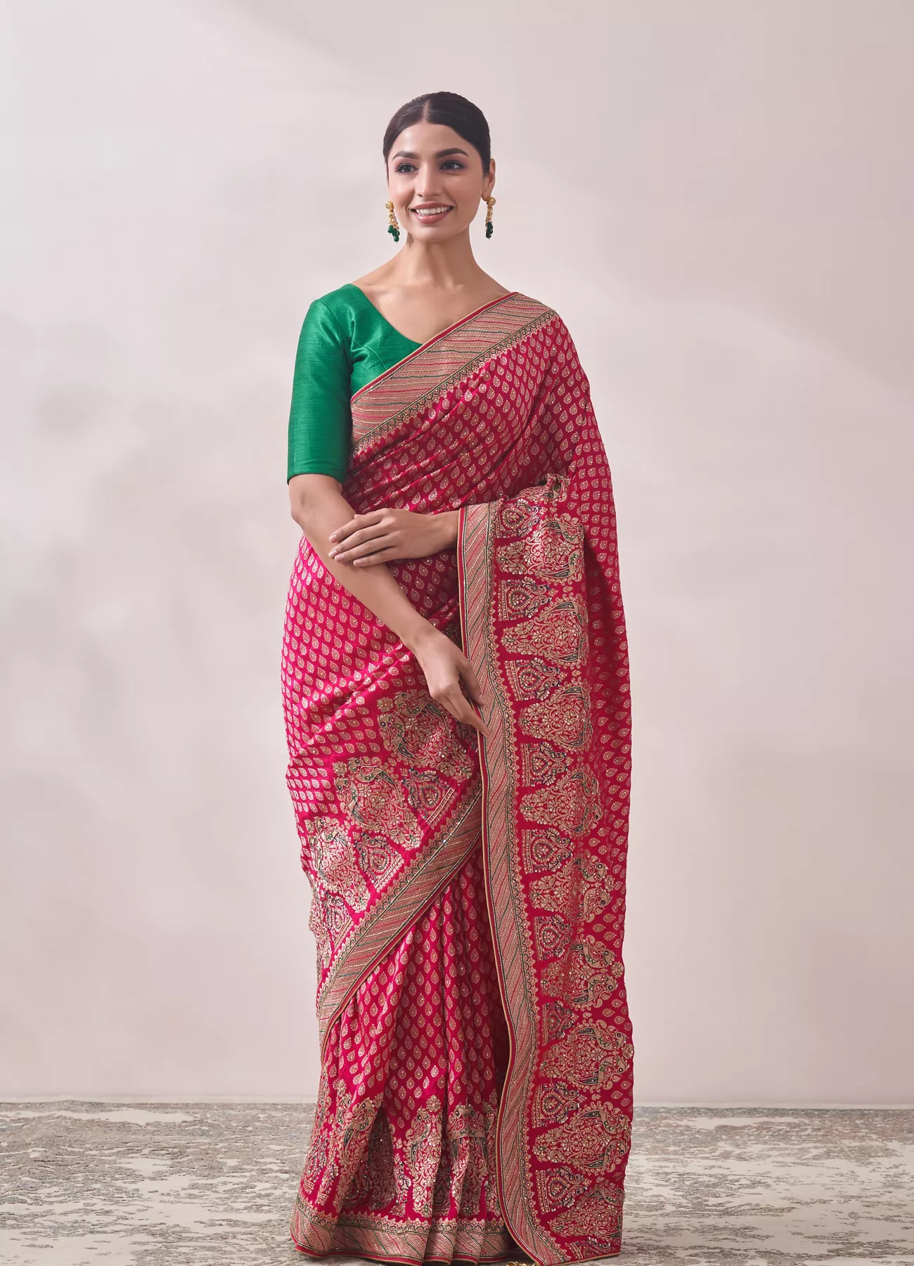 Rani Pink Zari Work Bridal Saree