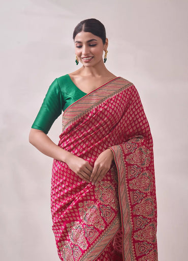 Rani Pink Zari Work Bridal Saree
