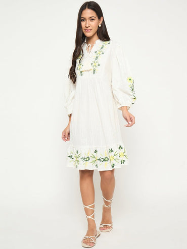 Floral Embroidered Fit and Flare White Mini Dress