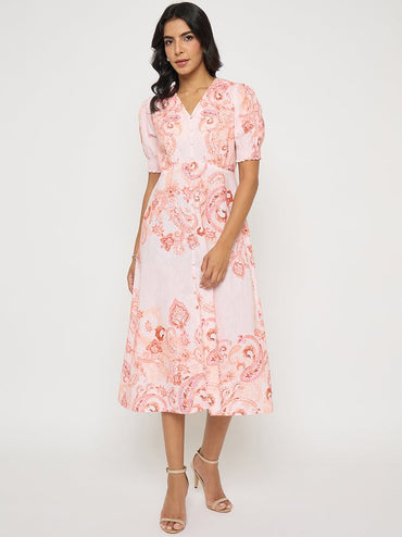 Paisley Print Peach Midi A Line Dress