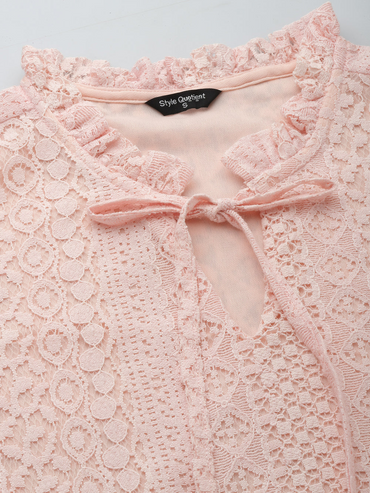 Style Quotient Women Peach Self Design Lace Regular Casual Top