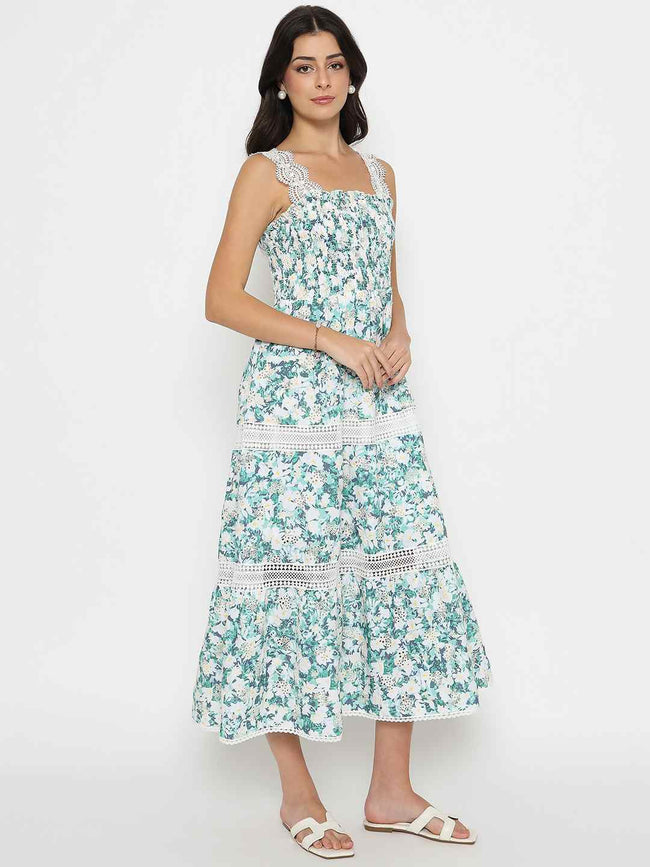 Laced Floral Print White Midi Dress