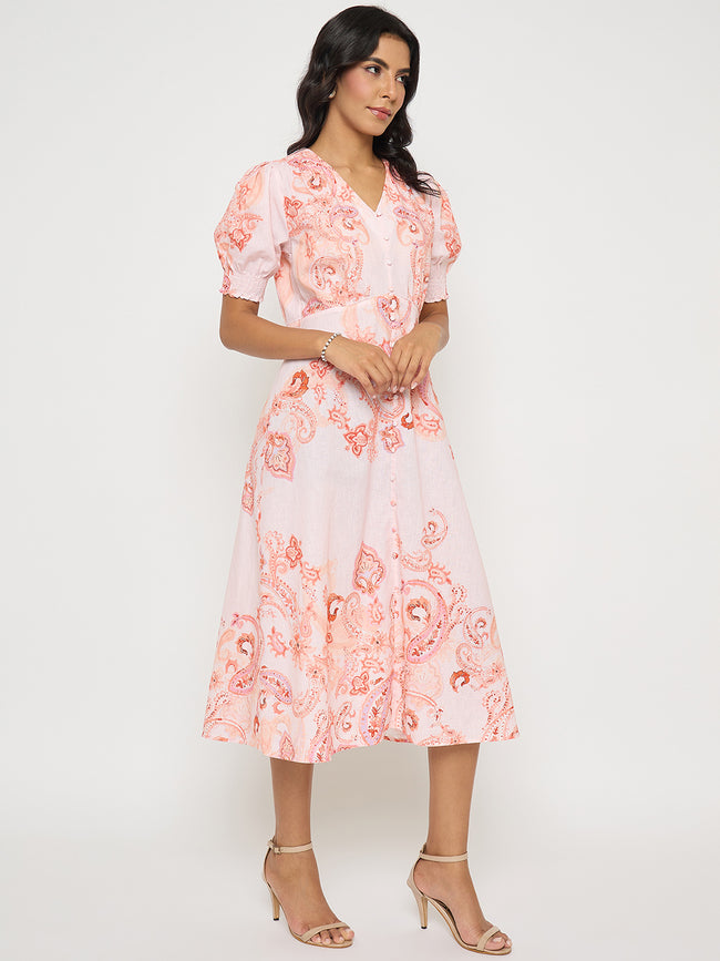 Paisley Print Peach Midi A Line Dress