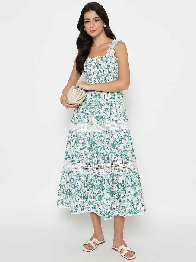Laced Floral Print White Midi Dress