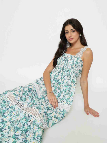 Laced Floral Print White Midi Dress