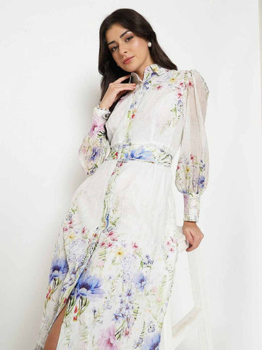 Floral Print Belted White Shirt Dress