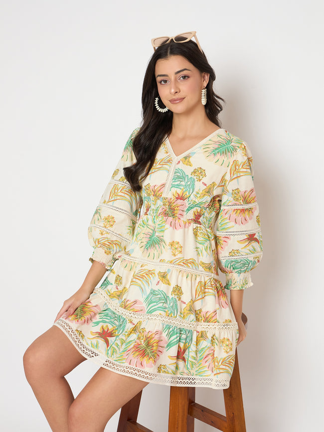 Floral Print Tiered Off White Mini Dress
