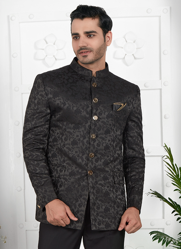 Black Imported Jaquard Silk Party Wear Pattern Pc Work Readymade Mens Jacket