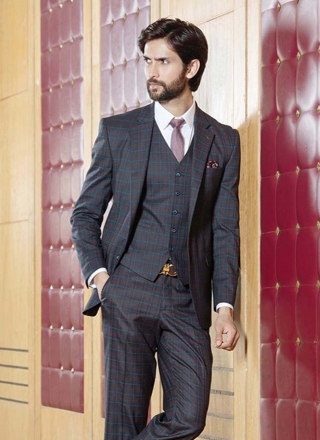 Brown Checked Single-Breasted Suit