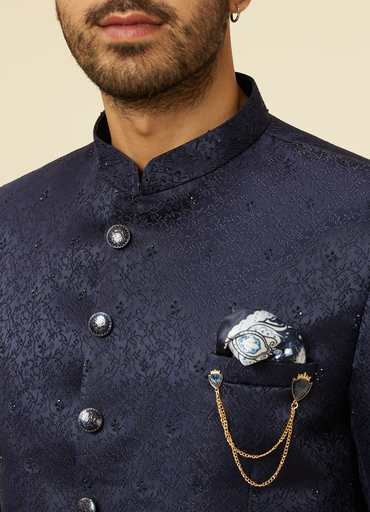 Dark Blue Bel Buti Patterned Jodhpuri Suit for men