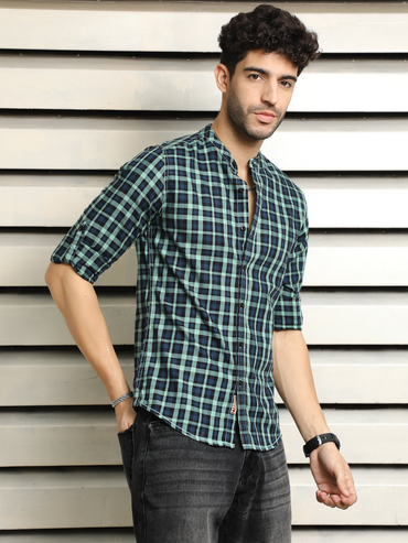 Men Mandarin Collar Checked Casual Shirt