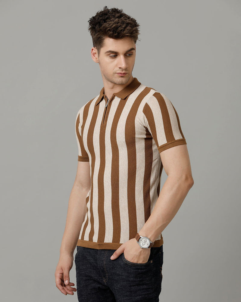 Identiti Brown Half Sleeve Striped Slim Fit Cotton Casual Polo T-Shirt For Men.
