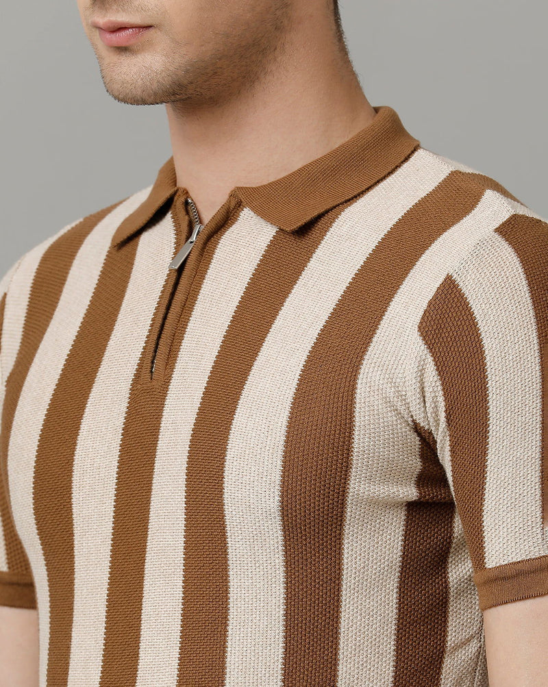 Identiti Brown Half Sleeve Striped Slim Fit Cotton Casual Polo T-Shirt For Men.