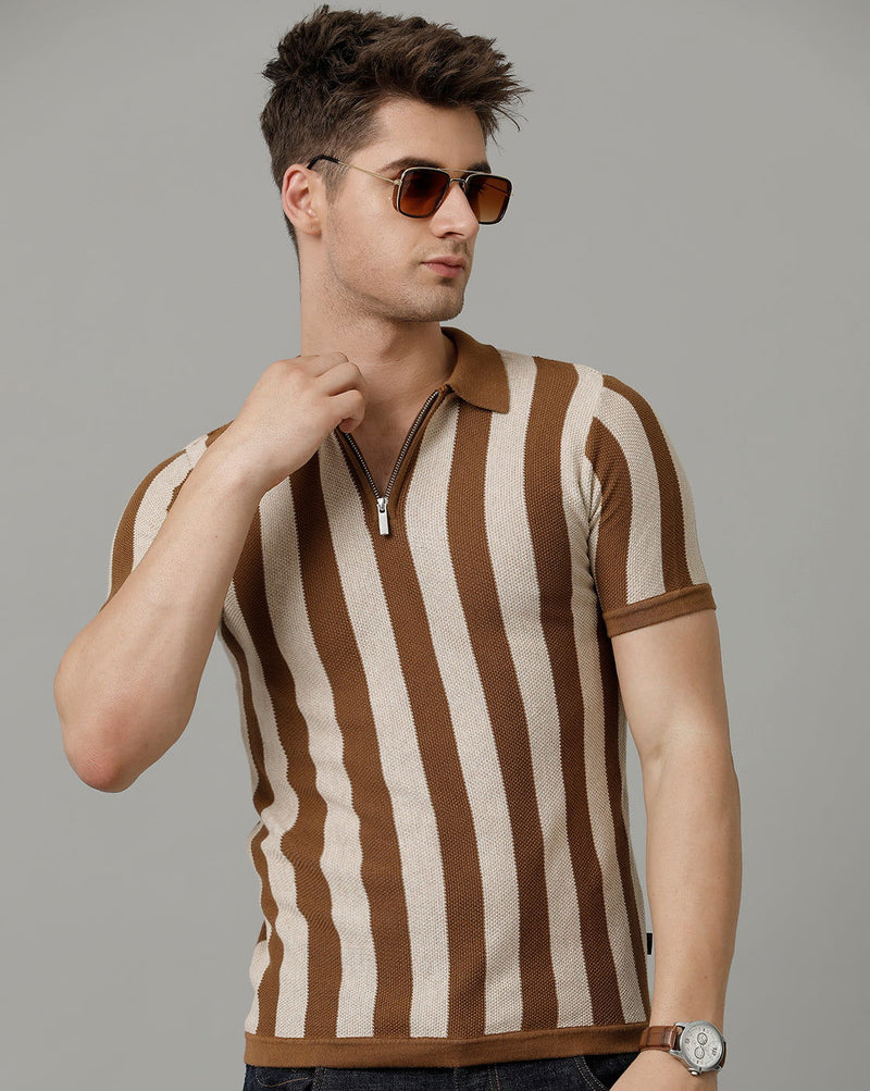 Identiti Brown Half Sleeve Striped Slim Fit Cotton Casual Polo T-Shirt For Men.