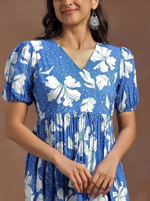Libas Blue Cotton Fit And Flare Floral Print Dress Libas