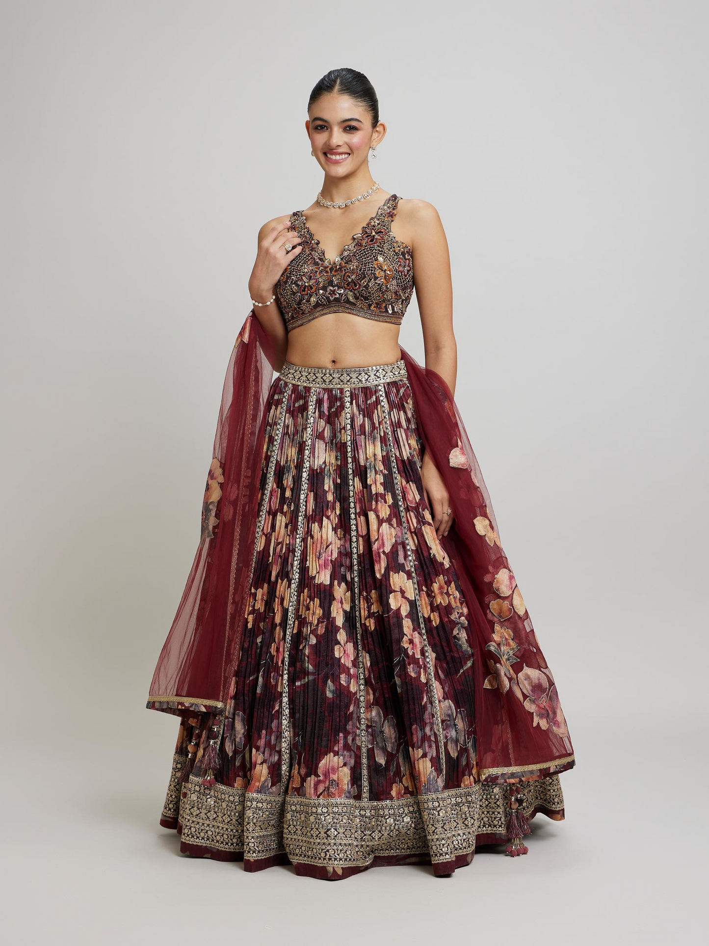 Elegant Maroon Net Lehenga