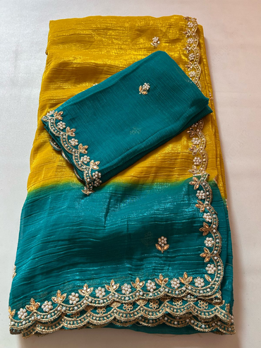 New Partywear Satin Chiffon Embroidery n Diamond Work Fancy Designer Saree With Blouse