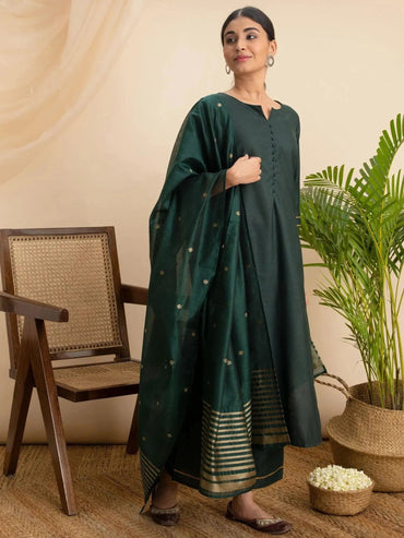Green Solid Cotton Straight Kurta With Palazzos & Dupatta