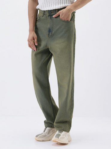 Men's Light Grey Loose Baggy Fit Heavy Washed Jeans Non-Stretchable