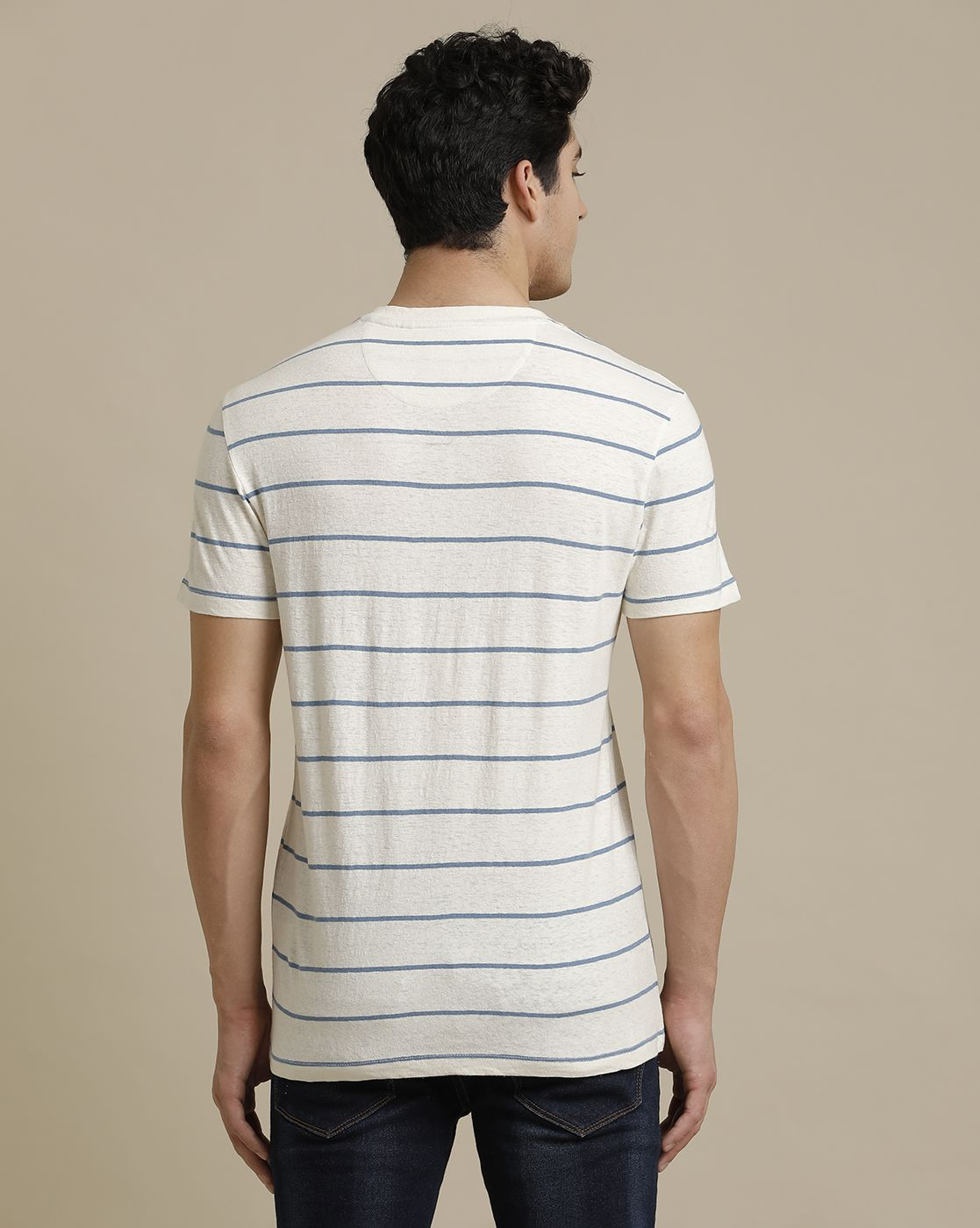 Men's Premium Blended Linen Blue Striped Contemporary Fit Half Sleeve Crew Neck Casual T-Shirt
