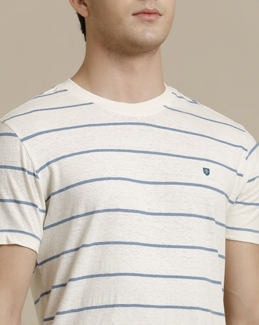 Men's Premium Blended Linen Blue Striped Contemporary Fit Half Sleeve Crew Neck Casual T-Shirt