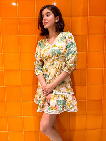 Floral Print Tiered Off White Mini Dress