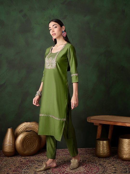 Womens Green Designer Solid Stylish Kurti Set