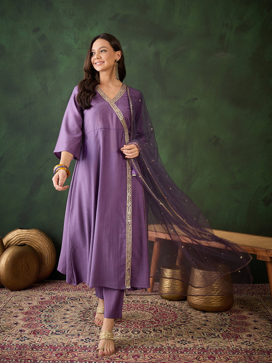 Womens Purple Designer Solid Stylish Kurti Set