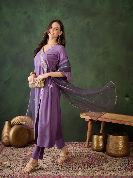 Womens Purple Designer Solid Stylish Kurti Set