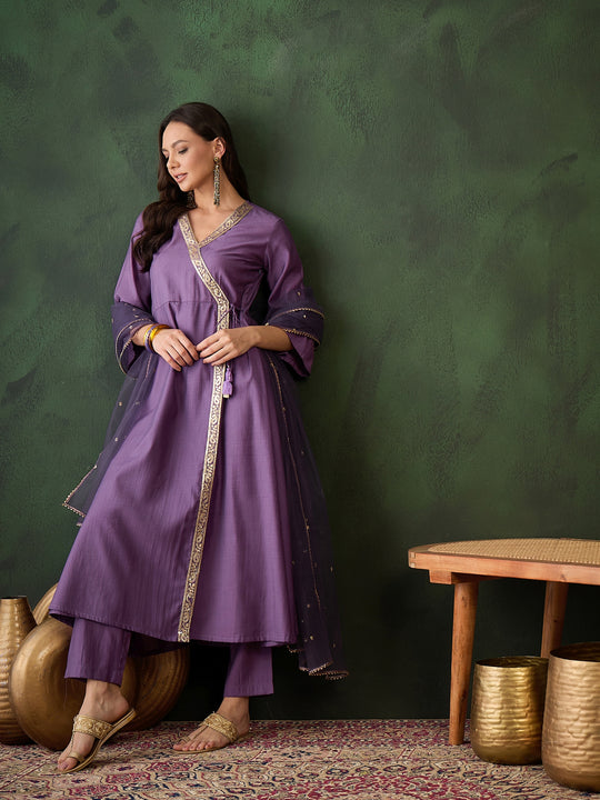 Womens Purple Designer Solid Stylish Kurti Set