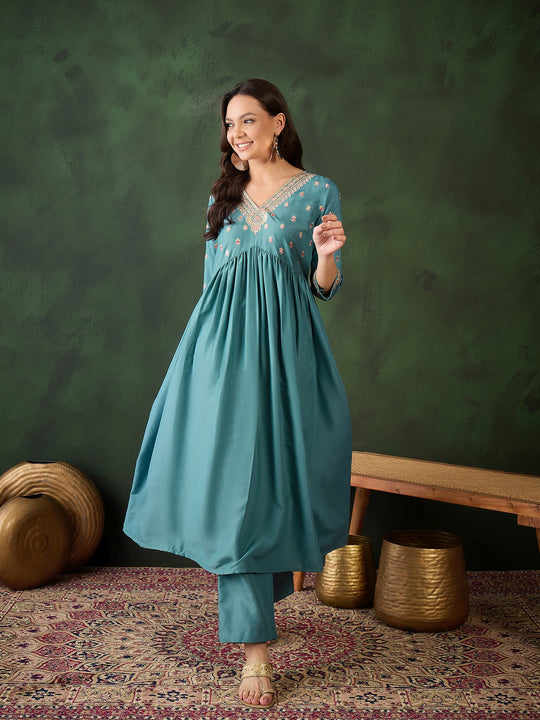 Womens Teal Designer Solid Stylish Kurti Set