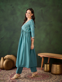 Womens Teal Designer Solid Stylish Kurti Set