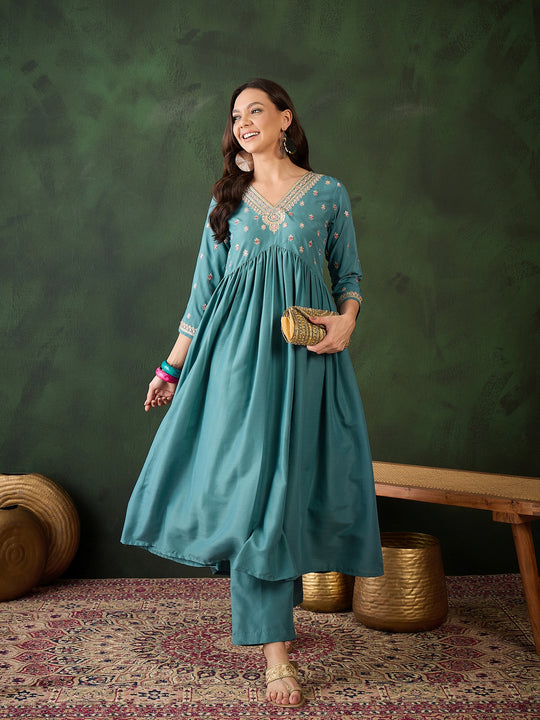 Womens Teal Designer Solid Stylish Kurti Set