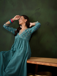 Womens Teal Designer Solid Stylish Kurti Set