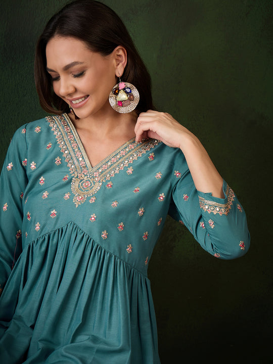 Womens Teal Designer Solid Stylish Kurti Set
