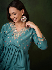 Womens Teal Designer Solid Stylish Kurti Set
