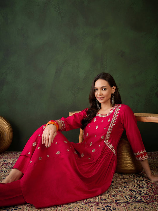 Womens Red Designer Solid Stylish Kurti Set