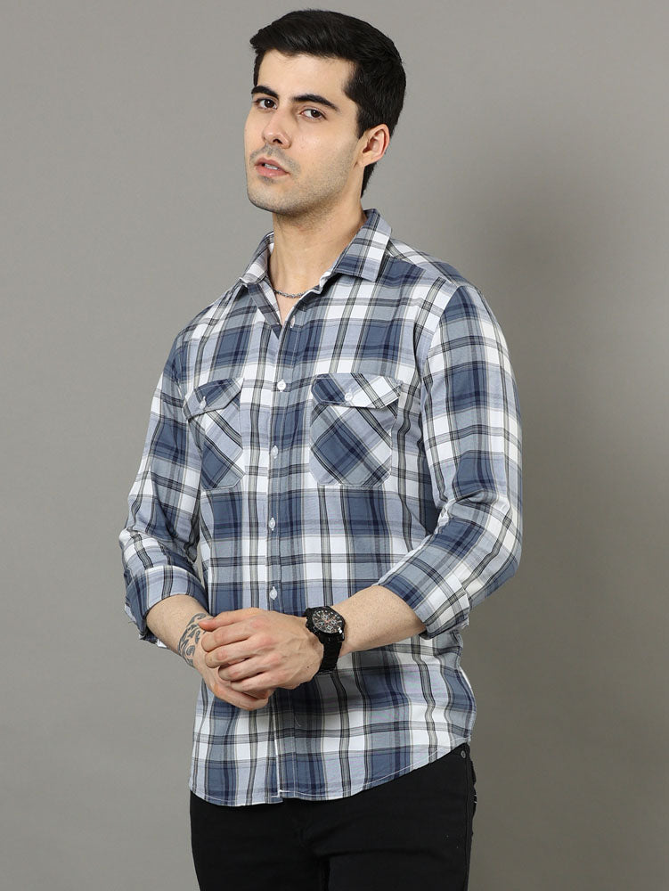 Cross Flap White and blue Check Shirt