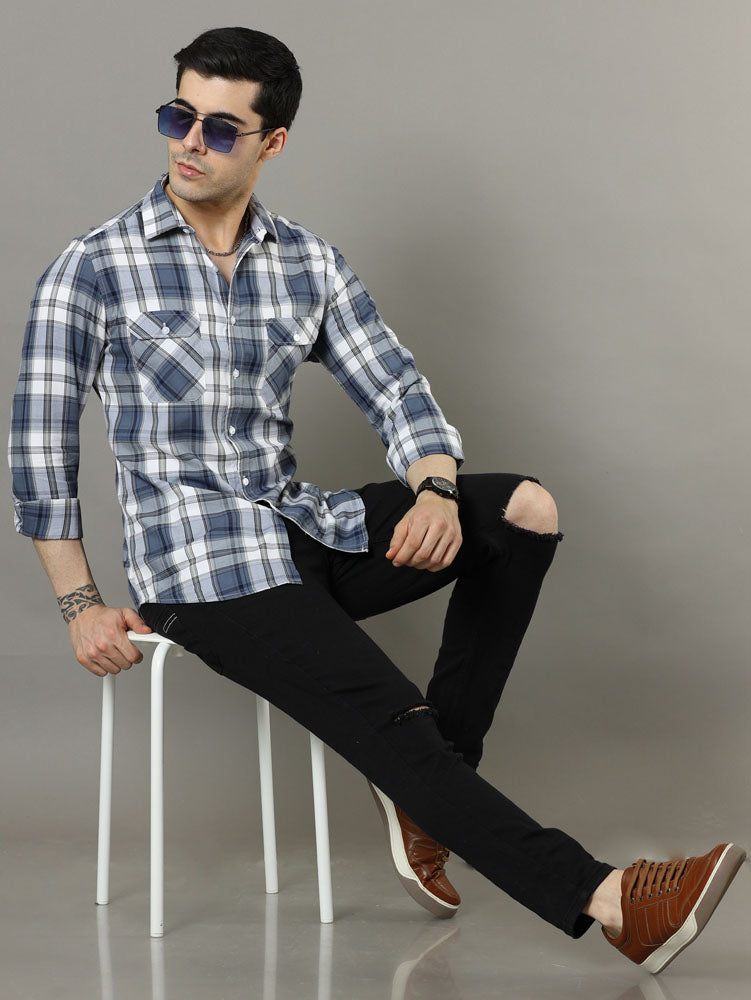 Cross Flap White and blue Check Shirt