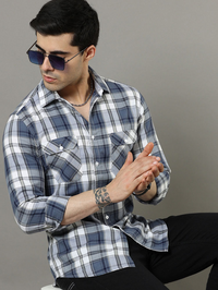 Cross Flap White and blue Check Shirt