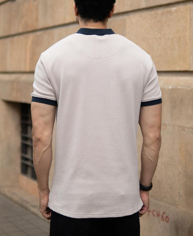 Beige Contrast Collar Zipper T-Shirt