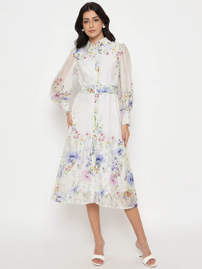Floral Print Belted White Shirt Dress