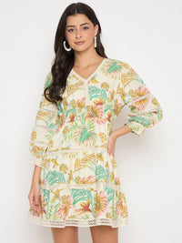 Floral Print Tiered Off White Mini Dress