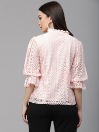 Style Quotient Women Peach Self Design Lace Regular Casual Top