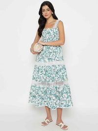 Laced Floral Print White Midi Dress