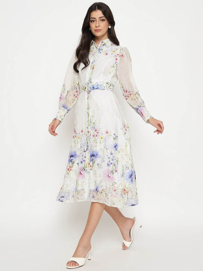 Floral Print Belted White Shirt Dress