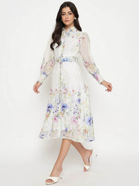 Floral Print Belted White Shirt Dress