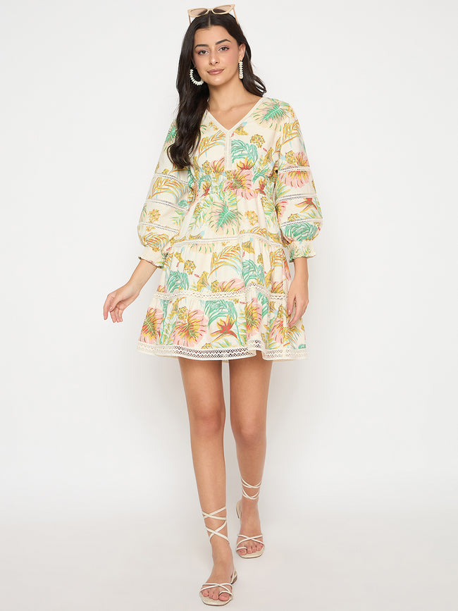 Floral Print Tiered Off White Mini Dress